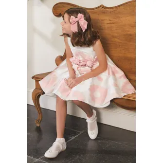 Abel  Lula, Rochie cu model floral si cordon in talie, Alb, Roz pal, 104 CM