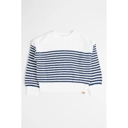 Abercrombie & Fitch, Pulover cu decolteu la baza gatului si model in dungi, Alb, Bleumarin, 160-165 CM