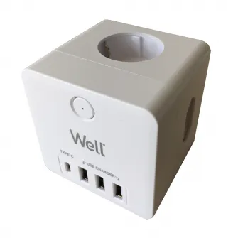 Adaptor priza Well, 4 prize, 3xUSB, 1xUSB-C PD20W, Alb