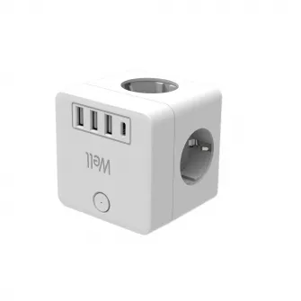 Adaptor priza Well, 4 prize, 3xUSB, 1xUSB-C PD20W, Alb