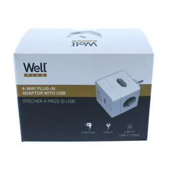 Adaptor priza Well, 4 prize, 3xUSB, 1xUSB-C PD20W, Alb