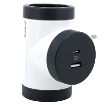 Adaptor rotativ pentru priza Legrand Revolution L694522, USB tip A si C, 3A-5V 15W, 2 prize, 16A, Alb/Gri inchis
