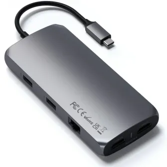 Adaptor USB-C Multiport Satechi MX Dual 4K HDMI 60Hz/30Hz, USB-C PD 100W, Ethernet, 1xUSB-C 5Gbps, 2xUSB-A 3.0, Micro/SD, 3.5mm audio, Gri spatial