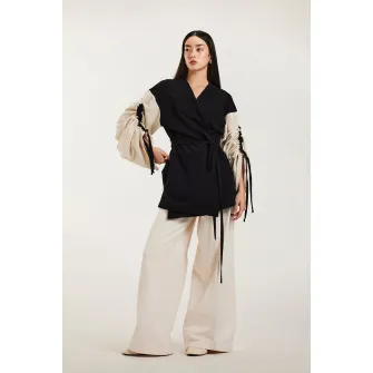Alina Cernatescu, Cardigan cu model petrecut si maneci contrastante Willow, Negru, Crem, S-M