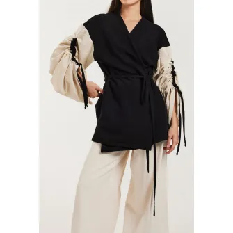 Alina Cernatescu, Cardigan cu model petrecut si maneci contrastante Willow, Negru, Crem, S-M