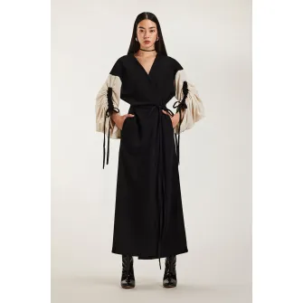 Alina Cernatescu, Cardigan lung cu model petrecut si maneci contrastante Astrid, Negru, Crem, S-M