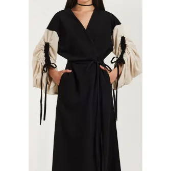Alina Cernatescu, Cardigan lung cu model petrecut si maneci contrastante Astrid, Negru, Crem, S-M