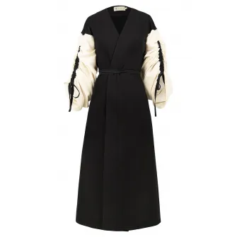Alina Cernatescu, Cardigan lung cu model petrecut si maneci contrastante Astrid, Negru, Crem, S-M