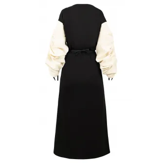Alina Cernatescu, Cardigan lung cu model petrecut si maneci contrastante Astrid, Negru, Crem, S-M