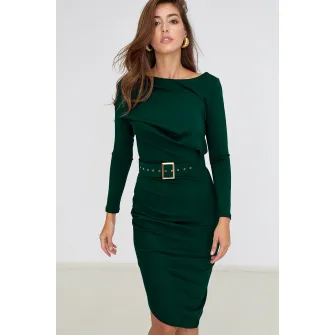 Alina Cernatescu, Rochie cambrata cu decolteu barcuta Slide, Verde inchis, L