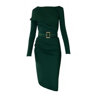 Alina Cernatescu, Rochie cambrata cu decolteu barcuta Slide, Verde inchis, L