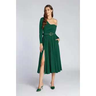 Alina Cernatescu, Rochie cu decolteu pe un umar si slit lateral, Sage Green, XS