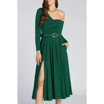 Alina Cernatescu, Rochie cu decolteu pe un umar si slit lateral, Sage Green, XS