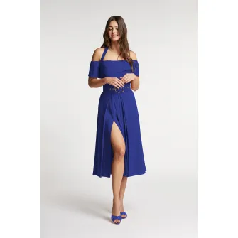 Alina Cernatescu, Rochie din amestec de in evazata cu slit lateral adanc Chimera, Royal Blue, M