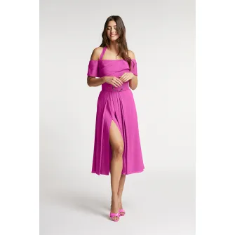 Alina Cernatescu, Rochie din amestec de in evazata cu slit lateral adanc Chimera, Roz fandango, L