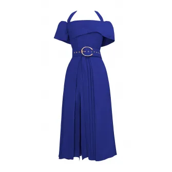 Alina Cernatescu, Rochie din amestec de in evazata cu slit lateral adanc Chimera, Royal Blue, M