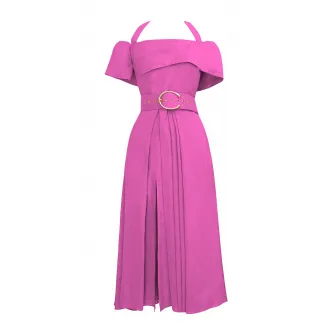 Alina Cernatescu, Rochie din amestec de in evazata cu slit lateral adanc Chimera, Roz fandango, L