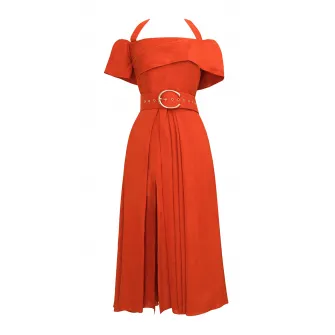 Alina Cernatescu, Rochie halter midi cu decolteu pe umeri, Corai, S