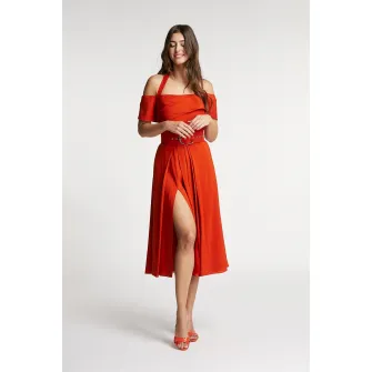 Alina Cernatescu, Rochie halter midi cu decolteu pe umeri, Corai, S