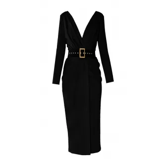 Alina Cernatescu, Rochie midi cu decolteu in V si curea Sting, Negru, XS