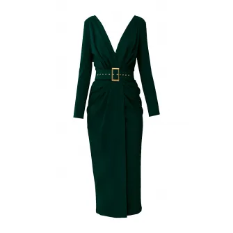 Alina Cernatescu, Rochie midi cu decolteu in V si curea Sting, Verde englez, S