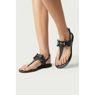 ALURA, Sandale din piele cu bareta separatoare si aplicatii metalice Rafaella, Negru, 36