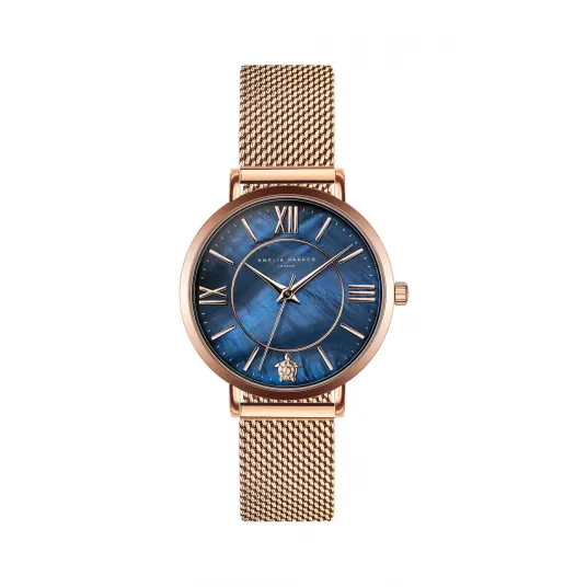 Amelia Parker, Ceas quartz cu bratara din otel inoxidabil cu model plasa, Auriu rose/bleumarin