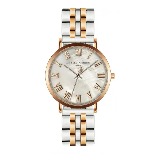 Amelia Parker, Ceas quartz cu model bicolor, Auriu rose, Argintiu