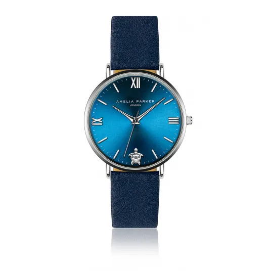 Amelia Parker, Ceas quartz cu o curea de piele, Argintiu, Albastru inchis