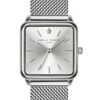 Amelia Parker, Ceas quartz cu o curea intersanjabila din piele, Argintiu/Bleumarin