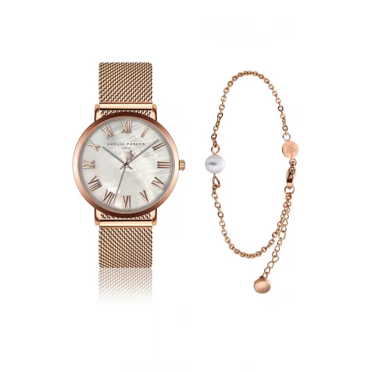 Amelia Parker, Set de ceas rotund si bratara, Auriu rose