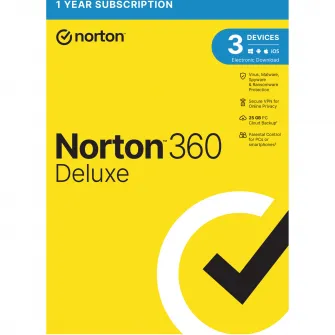 Antivirus Norton 360 Deluxe, Backup 25GB, 1 An, 3 Dispozitive, 1 Utilizator