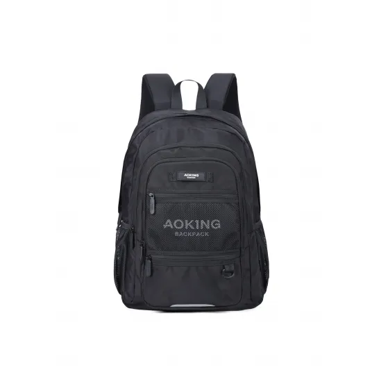 Aoking, Rucsac unisex din material textil cu buzunare cu fermoar, Negru