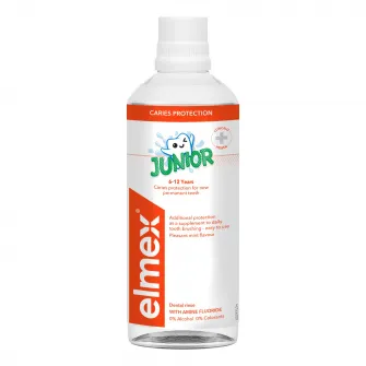 Apa de gura pentru copii elmex Junior, varsta 6-12 ani, pentru protectie anticarie, 400 ml