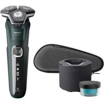 Aparat de barbierit Philips Shaver Seria 5000 S5884/50, barbierit umed/uscat, tehnologie SkinIQ, fara fir, capete flexibile 360В°, display LED, senzor Power Adapt, lame auto-ascutire, lama tuns integrata, 60 min, toc de transport, Verde inchis