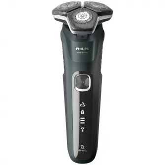 Aparat de barbierit Philips Shaver Seria 5000 S5884/50, barbierit umed/uscat, tehnologie SkinIQ, fara fir, capete flexibile 360В°, display LED, senzor Power Adapt, lame auto-ascutire, lama tuns integrata, 60 min, toc de transport, Verde inchis