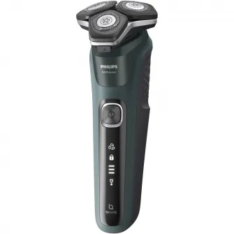 Aparat de barbierit Philips Shaver Seria 5000 S5884/50, barbierit umed/uscat, tehnologie SkinIQ, fara fir, capete flexibile 360В°, display LED, senzor Power Adapt, lame auto-ascutire, lama tuns integrata, 60 min, toc de transport, Verde inchis