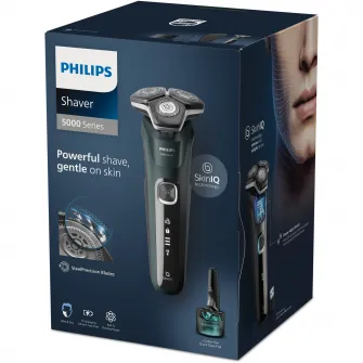 Aparat de barbierit Philips Shaver Seria 5000 S5884/50, barbierit umed/uscat, tehnologie SkinIQ, fara fir, capete flexibile 360В°, display LED, senzor Power Adapt, lame auto-ascutire, lama tuns integrata, 60 min, toc de transport, Verde inchis