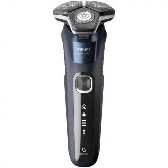 Aparat de barbierit Philips Shaver Seria 5000 S5885/35, barbierit umed/uscat, tehnologie SkinIQ, fara fir, capete flexibile 360°, display LED, senzor Power Adapt, lame auto-ascutire, lama integrata, 60 min, toc transport, suport incarcare, Midnight Blue