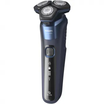 Aparat de barbierit Philips Shaver Seria 5000 S5885/35, barbierit umed/uscat, tehnologie SkinIQ, fara fir, capete flexibile 360°, display LED, senzor Power Adapt, lame auto-ascutire, lama integrata, 60 min, toc transport, suport incarcare, Midnight Blue