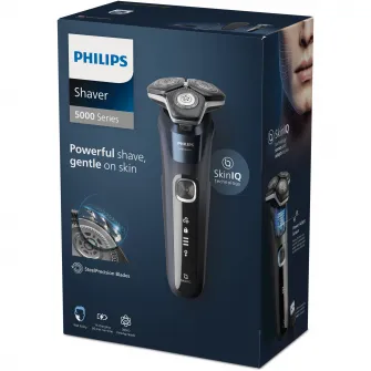 Aparat de barbierit Philips Shaver Seria 5000 S5885/35, barbierit umed/uscat, tehnologie SkinIQ, fara fir, capete flexibile 360°, display LED, senzor Power Adapt, lame auto-ascutire, lama integrata, 60 min, toc transport, suport incarcare, Midnight Blue