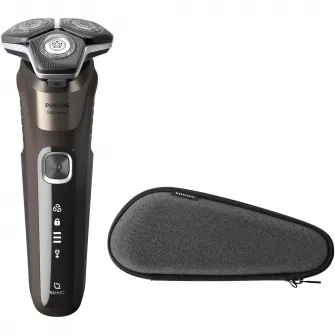 Aparat de barbierit Philips Shaver Seria 5000 S5886/30, barbierit umed şi uscat, tehnologie SkinIQ, fara fir, capete flexibile 360°, display LED, senzor Power Adapt, lame auto-ascutire, lama de tuns integrata, 60 min, toc transport, suport incarcare, Maro