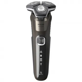 Aparat de barbierit Philips Shaver Seria 5000 S5886/30, barbierit umed şi uscat, tehnologie SkinIQ, fara fir, capete flexibile 360°, display LED, senzor Power Adapt, lame auto-ascutire, lama de tuns integrata, 60 min, toc transport, suport incarcare, Maro