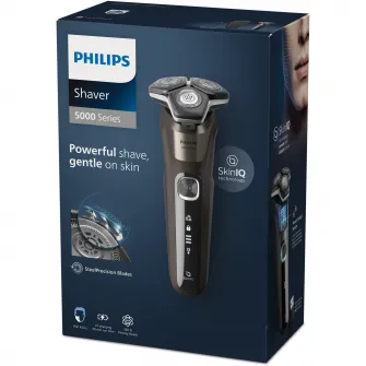 Aparat de barbierit Philips Shaver Seria 5000 S5886/30, barbierit umed şi uscat, tehnologie SkinIQ, fara fir, capete flexibile 360°, display LED, senzor Power Adapt, lame auto-ascutire, lama de tuns integrata, 60 min, toc transport, suport incarcare, Maro