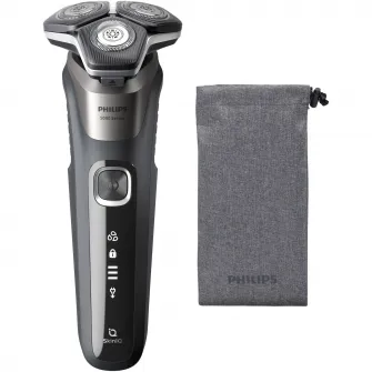 Aparat de barbierit Philips Shaver Seria 5000 S5887/10, barbierit umed/uscat, tehnologie SkinIQ, fara fir, capete flexibile 360°, display LED, senzor Power Adapt, lame auto-ascutire, lama de tuns integrata, 60 min, husa, Gri carbon