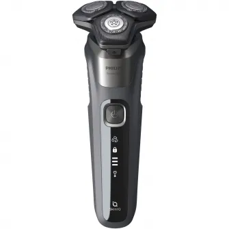 Aparat de barbierit Philips Shaver Seria 5000 S5887/10, barbierit umed/uscat, tehnologie SkinIQ, fara fir, capete flexibile 360°, display LED, senzor Power Adapt, lame auto-ascutire, lama de tuns integrata, 60 min, husa, Gri carbon