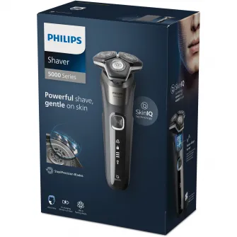 Aparat de barbierit Philips Shaver Seria 5000 S5887/10, barbierit umed/uscat, tehnologie SkinIQ, fara fir, capete flexibile 360°, display LED, senzor Power Adapt, lame auto-ascutire, lama de tuns integrata, 60 min, husa, Gri carbon