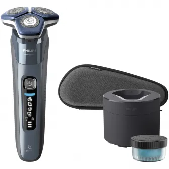 Aparat de barbierit Philips Shaver Seria 7000 S7882/55, barbierit umed/uscat, tehnologie SkinIQ, capete flexibile 360°, display LED, senzor Motion Control, senzor Power Adapt, lame auto-ascutire, 60 min, suport de incarcare, toc de transport, Ice Blue