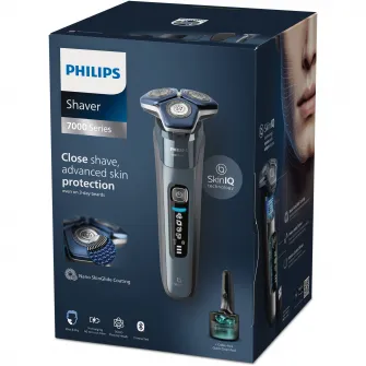 Aparat de barbierit Philips Shaver Seria 7000 S7882/55, barbierit umed/uscat, tehnologie SkinIQ, capete flexibile 360°, display LED, senzor Motion Control, senzor Power Adapt, lame auto-ascutire, 60 min, suport de incarcare, toc de transport, Ice Blue