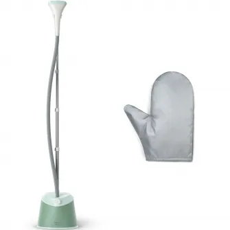 Aparat de calcat vertical cu picior Philips STE1010/70, picior ajustabil pe inaltime, putere 1600W (240V), 2 setari pentru abur, debit abur 35g/min, manusa, capacitate rezervor 1.8L, verde